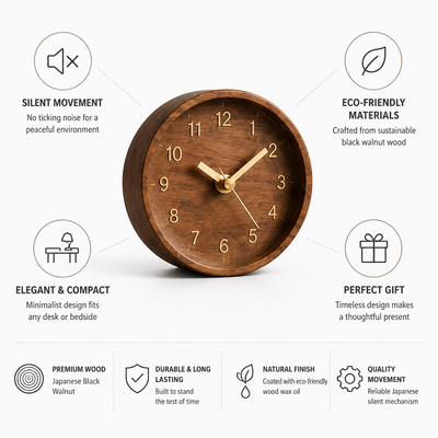 Desk Clock Silent Movement Japanese Black Walnut