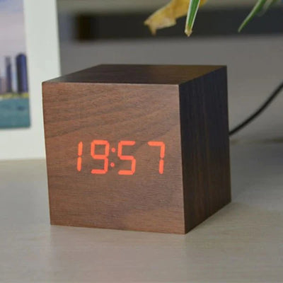 Digital Cube Clock Bamboo & Wood Battery-Powered