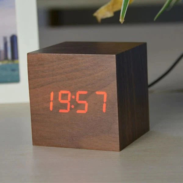 Digital Cube Clock Bamboo & Wood Battery-Powered