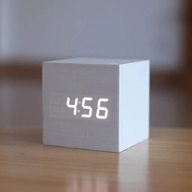 Digital Cube Clock Bamboo & Wood Battery-Powered