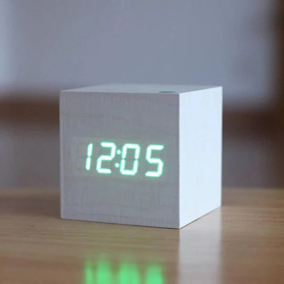 Digital Cube Clock Bamboo & Wood Battery-Powered
