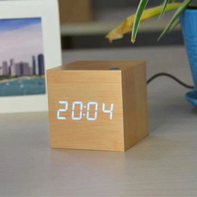 Digital Cube Clock Bamboo & Wood Battery-Powered
