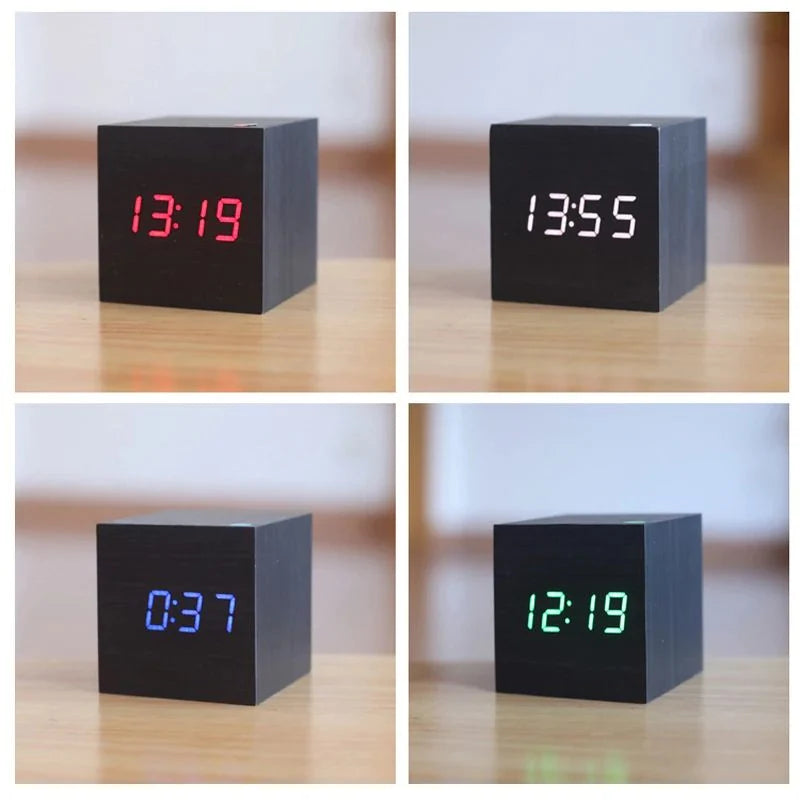Digital Cube Clock Bamboo & Wood Battery-Powered