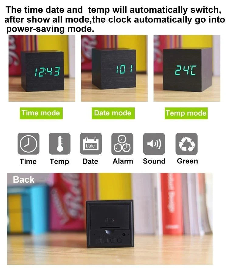 Digital Cube Clock Bamboo & Wood Battery-Powered
