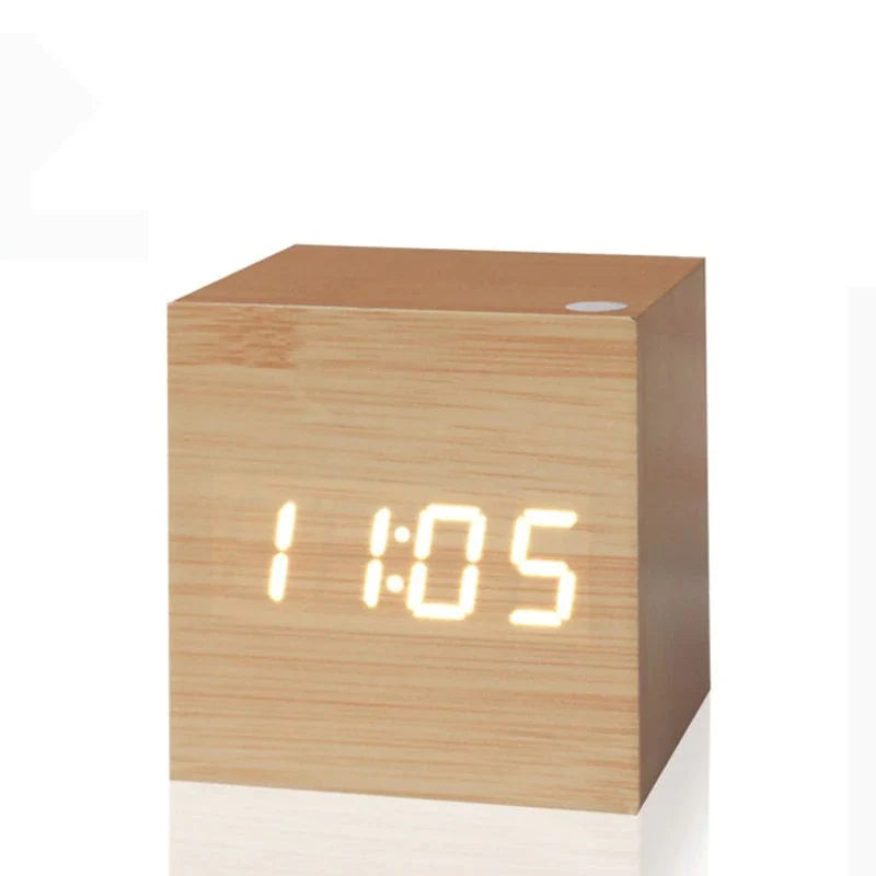 Digital Cube Clock Bamboo & Wood Battery-Powered
