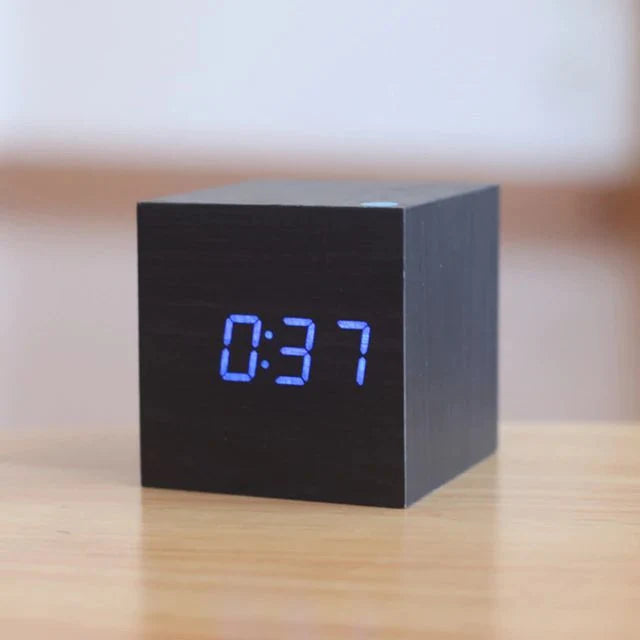 Digital Cube Clock Bamboo & Wood Battery-Powered