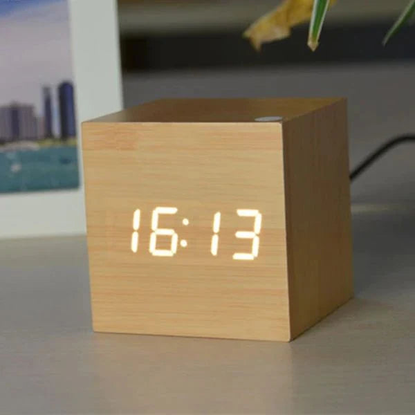 Digital Cube Clock Bamboo & Wood Battery-Powered