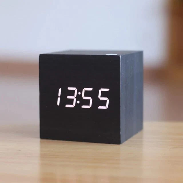 Digital Cube Clock Bamboo & Wood Battery-Powered