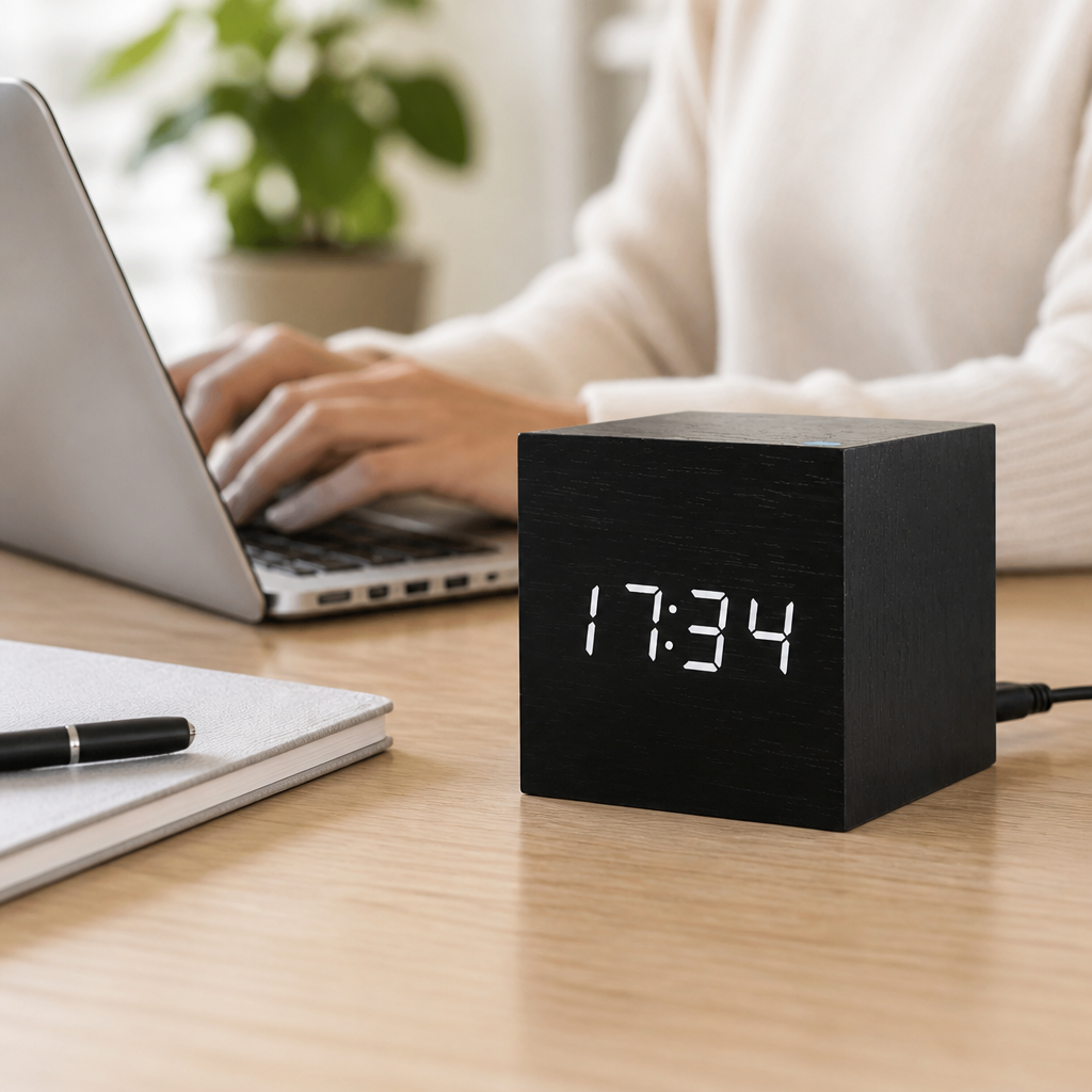 Digital LED Clock Wooden Frame Time & Temperature