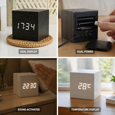Digital LED Clock Wooden Frame Time & Temperature