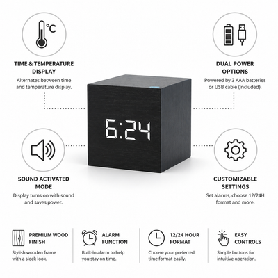 Digital LED Clock Wooden Frame Time & Temperature