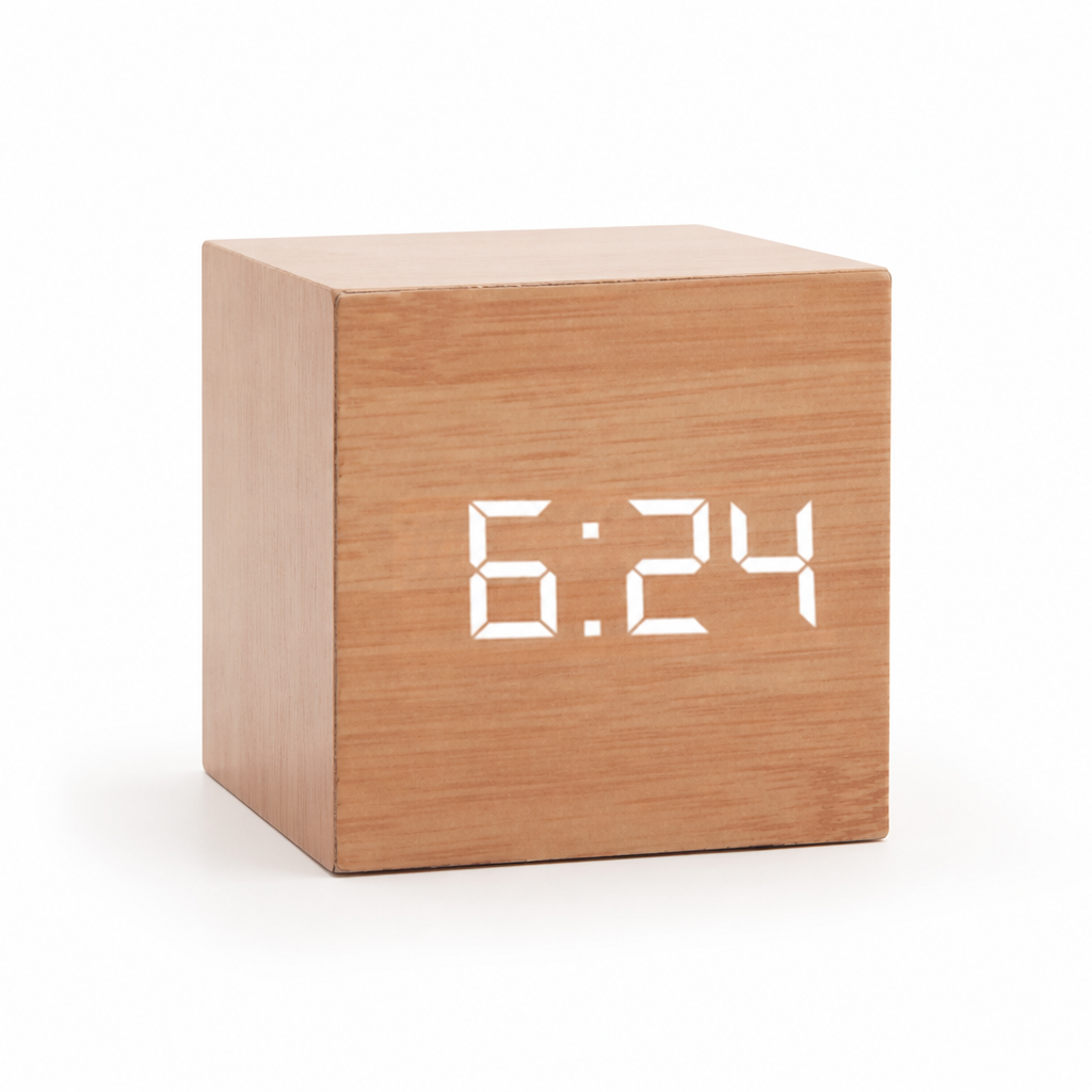 Digital LED Clock Wooden Frame Time & Temperature