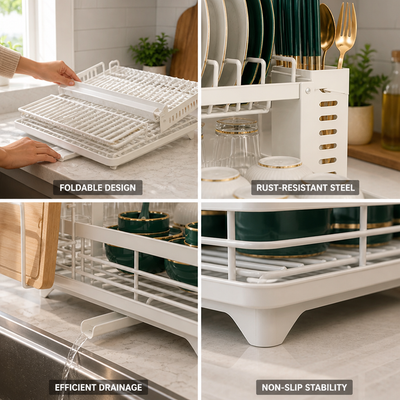 Dish Drying Rack Foldable Rust-Resistant Steel Non-Slip Feet