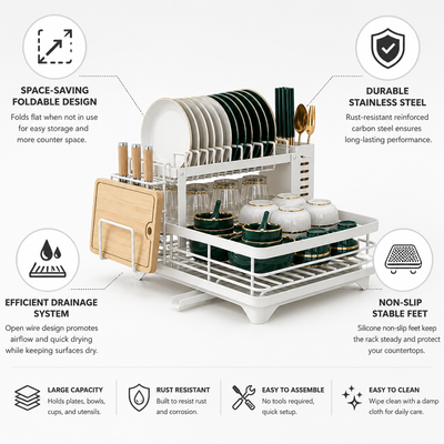 Dish Drying Rack Foldable Rust-Resistant Steel Non-Slip Feet