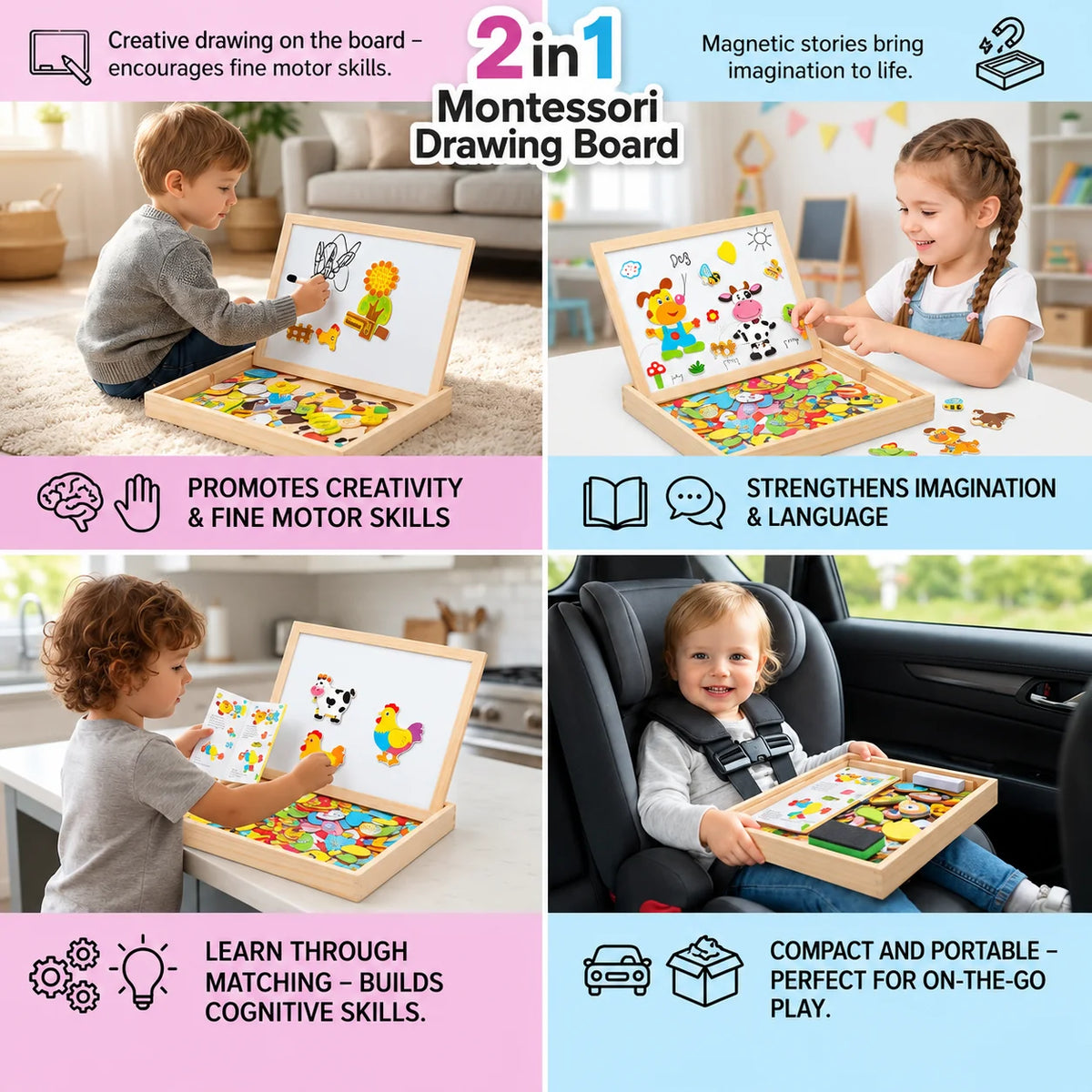 Drawing Board Magnetic & Erasable Foldable Wood Frame
