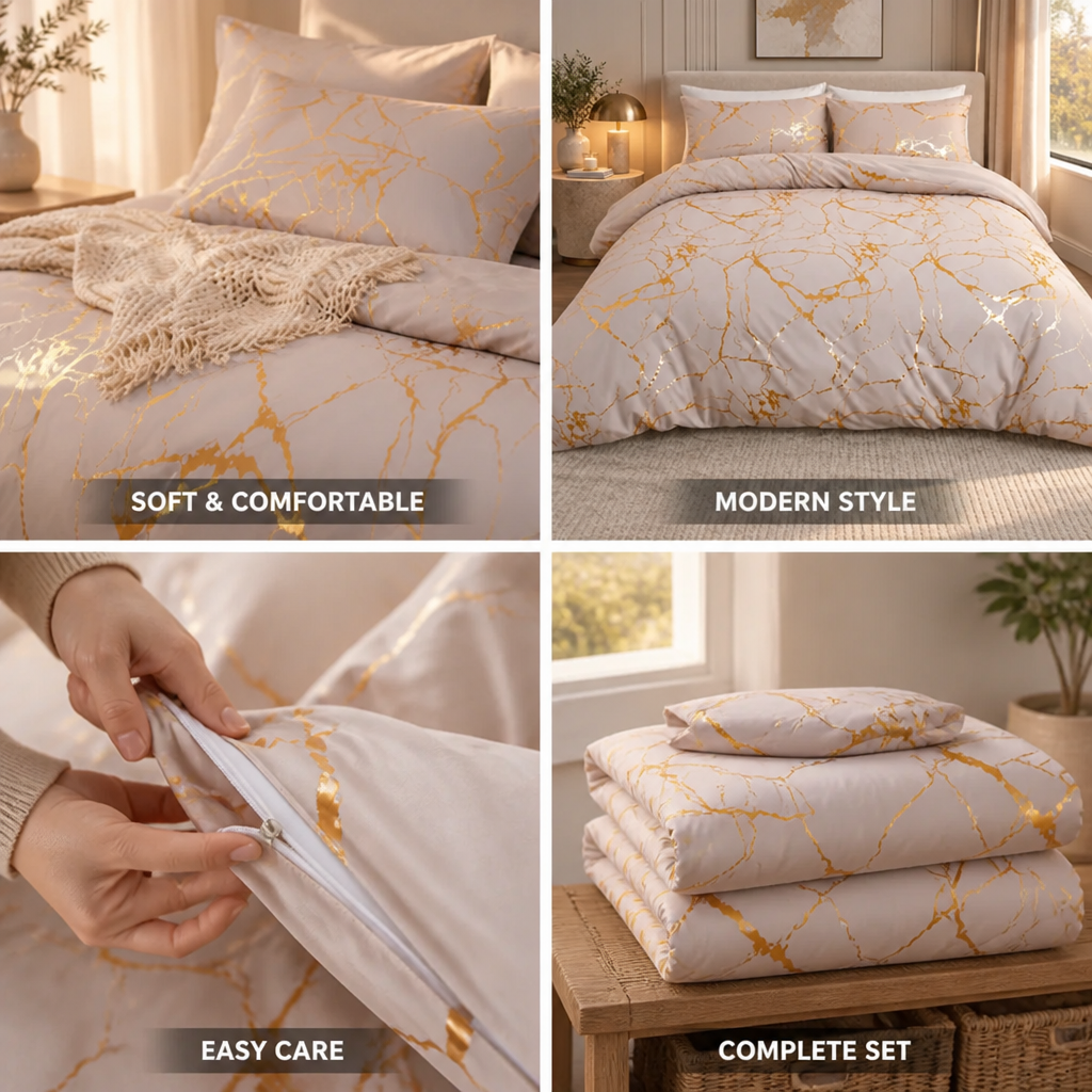 Duvet Cover Marble Pattern Silky Polyester Includes Pillowcases