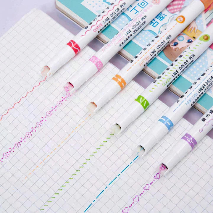 Fiber-Tip Pen Set Patterned Tips Six Colors
