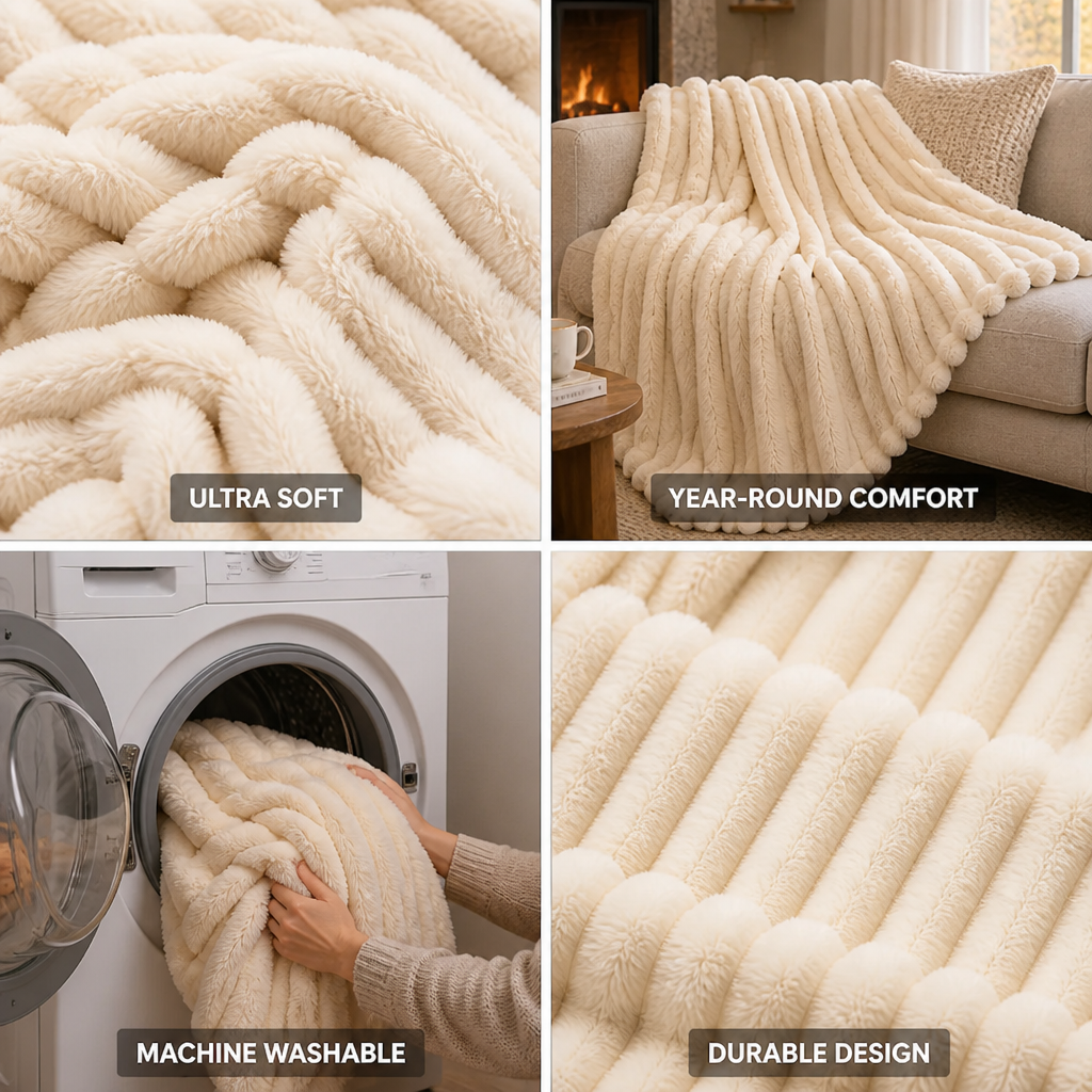 Fleece Throw Blanket Ribbed Texture & Machine Washable