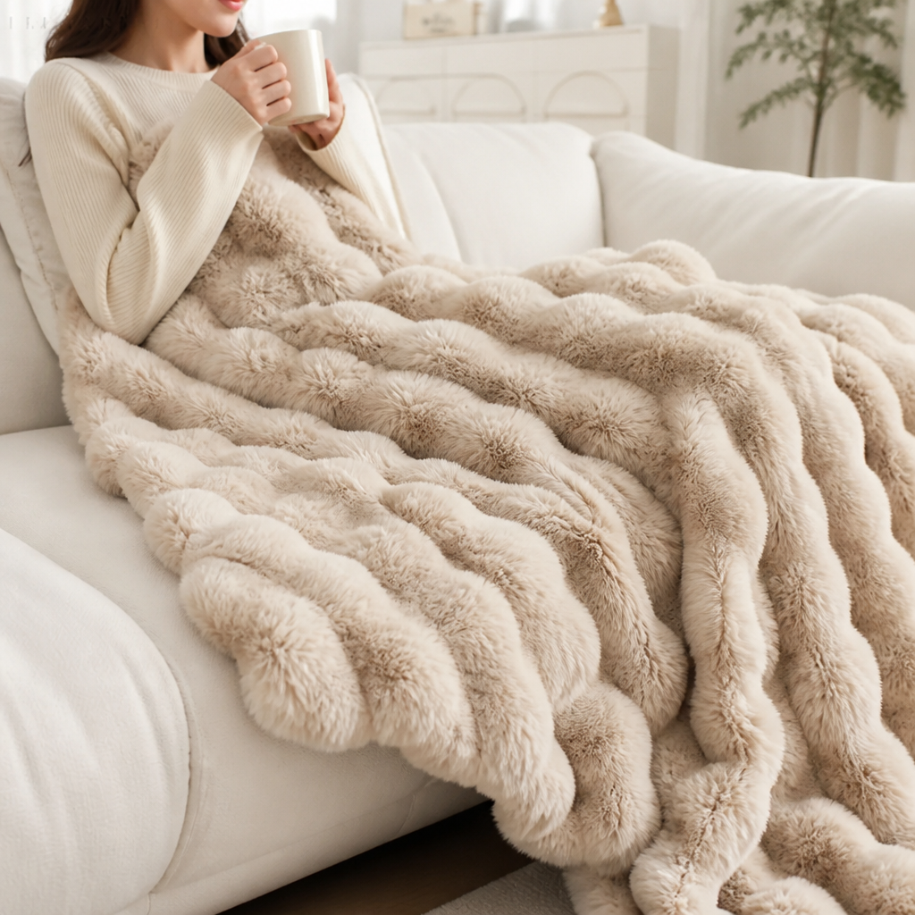 Fleece Throw Blanket Velvet-Soft Bubble Texture Pilling-Resistant