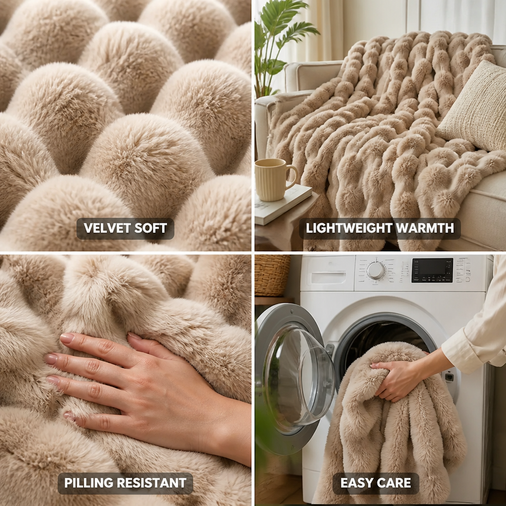 Fleece Throw Blanket Velvet-Soft Bubble Texture Pilling-Resistant