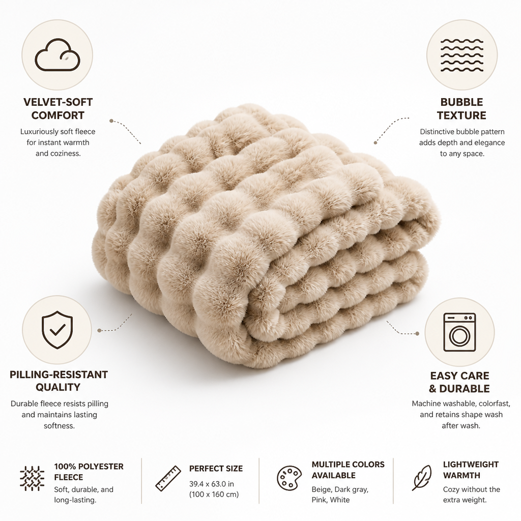 Fleece Throw Blanket Velvet-Soft Bubble Texture Pilling-Resistant