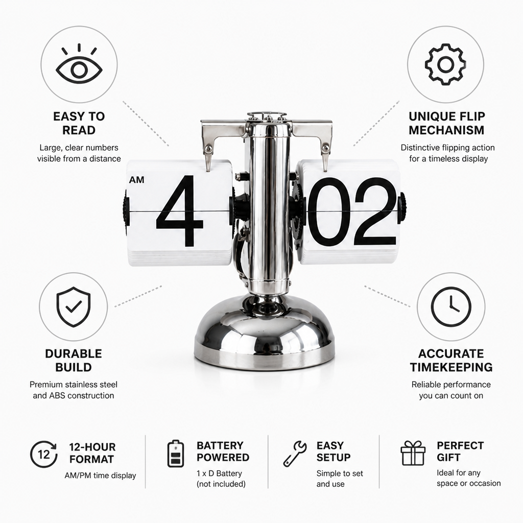 Flip Clock Large Clear Numbers Stainless Steel