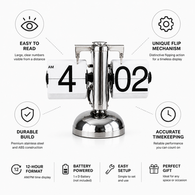 Flip Clock Large Clear Numbers Stainless Steel