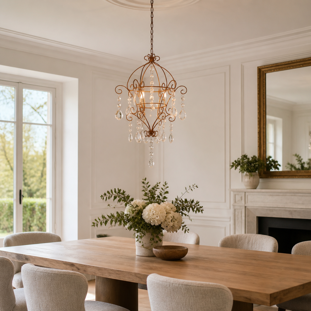 French Iron & Rhinestone Wire Frame Pendant Light