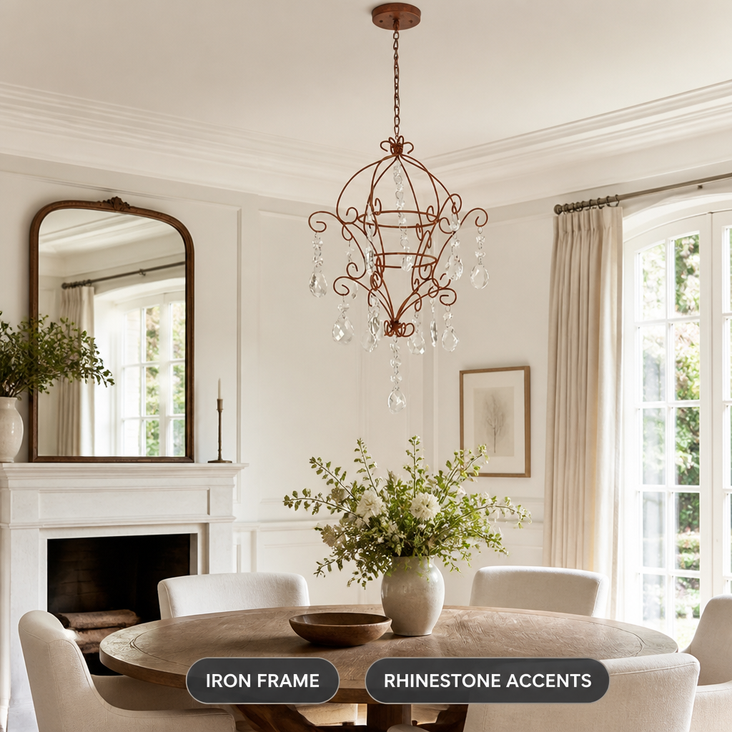 French Iron & Rhinestone Wire Frame Pendant Light