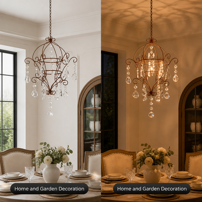 French Iron & Rhinestone Wire Frame Pendant Light