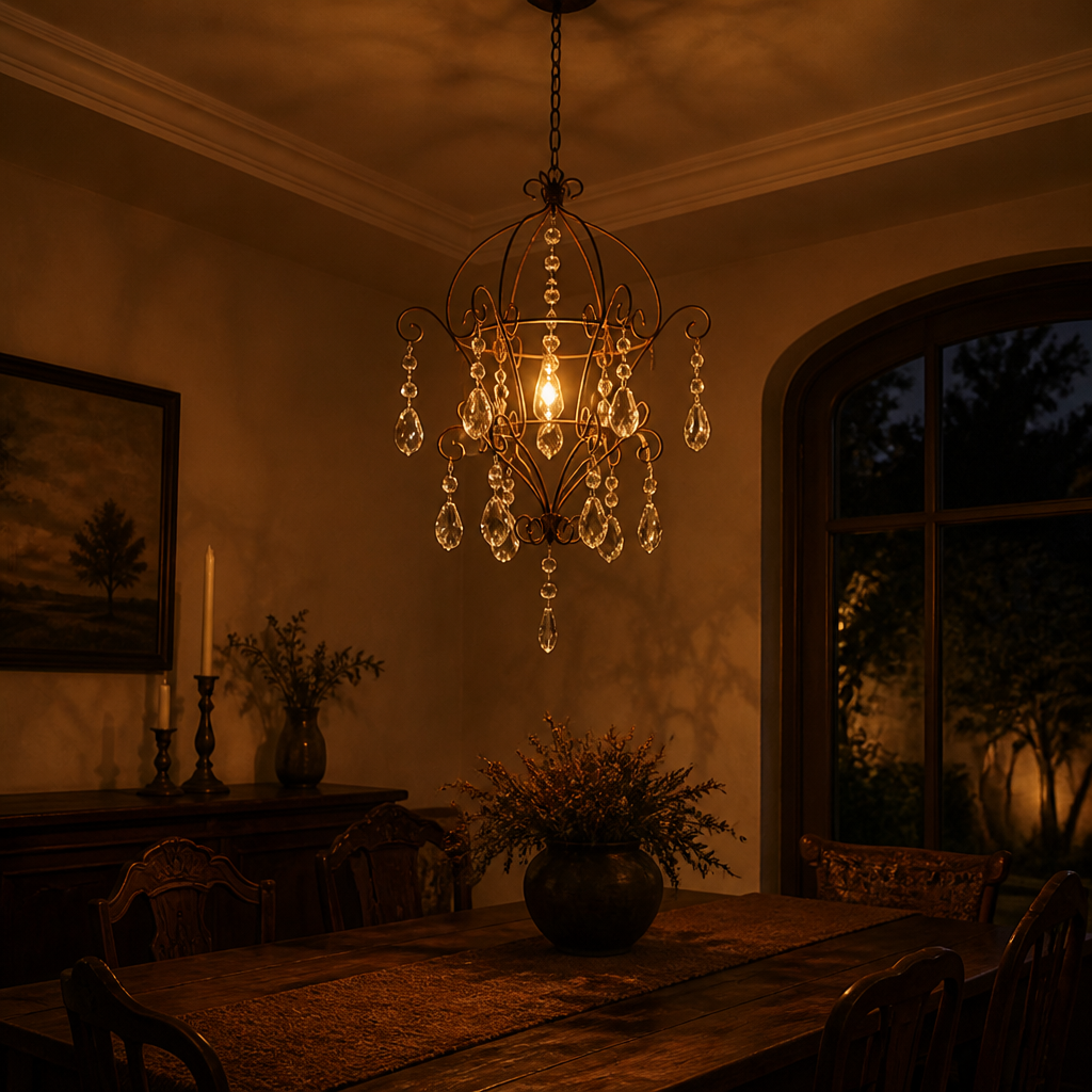 French Iron & Rhinestone Wire Frame Pendant Light