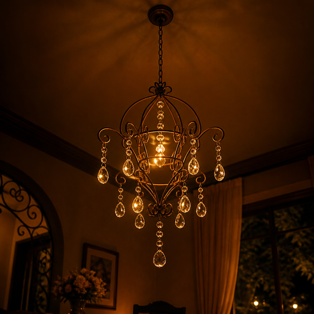 French Iron & Rhinestone Wire Frame Pendant Light