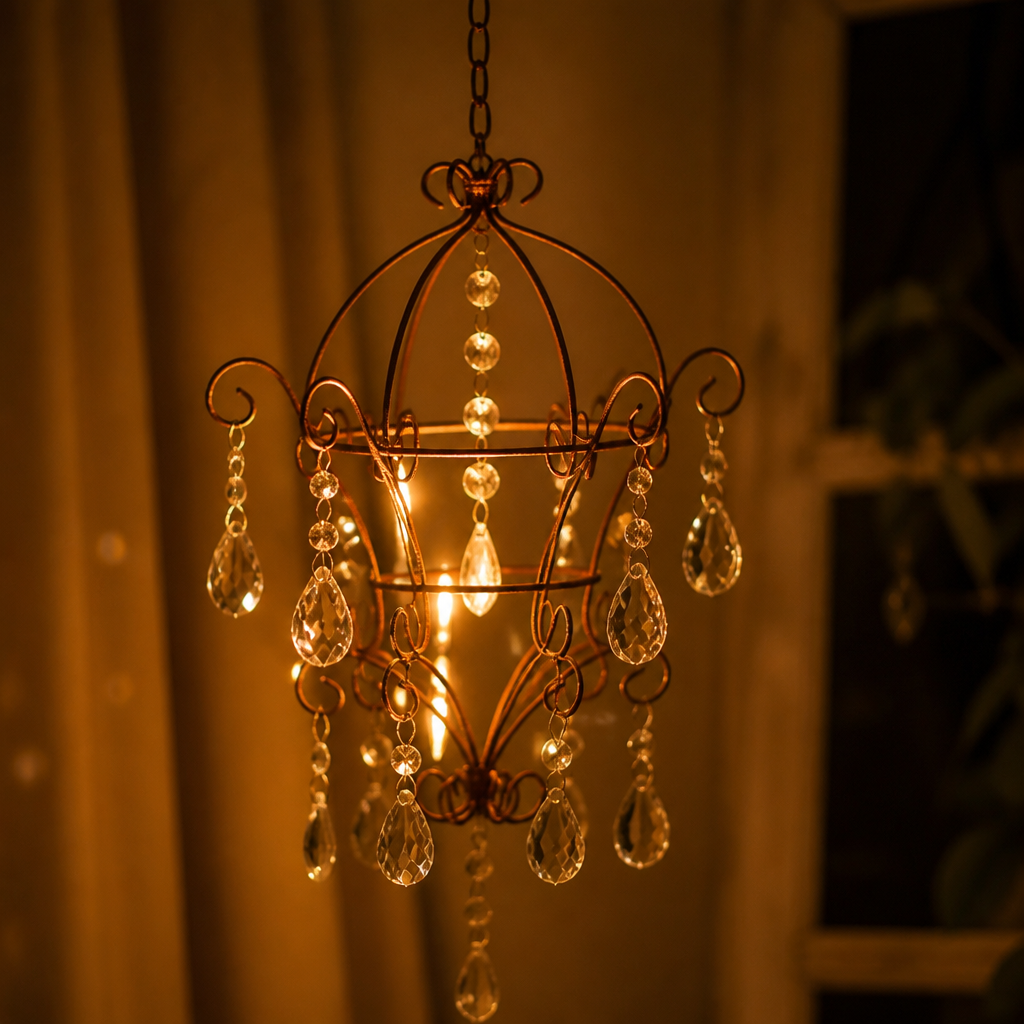 French Iron & Rhinestone Wire Frame Pendant Light