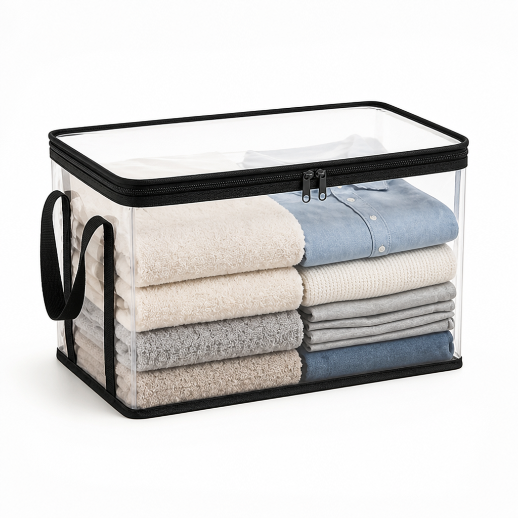 Garment Storage Box Transparent Foldable Double Zipper