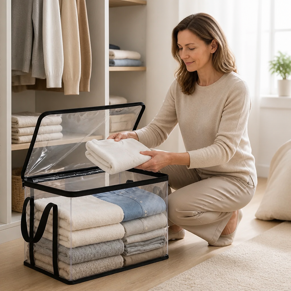 Garment Storage Box Transparent Foldable Double Zipper