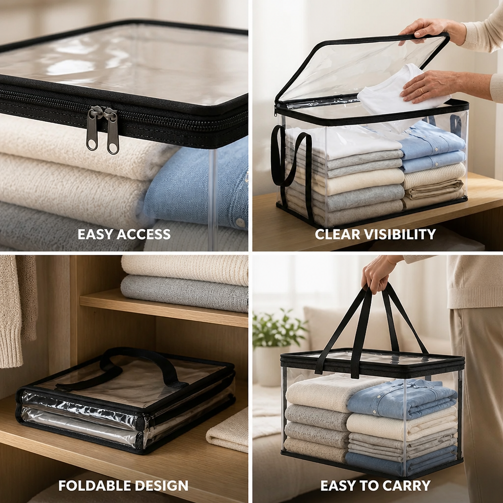 Garment Storage Box Transparent Foldable Double Zipper