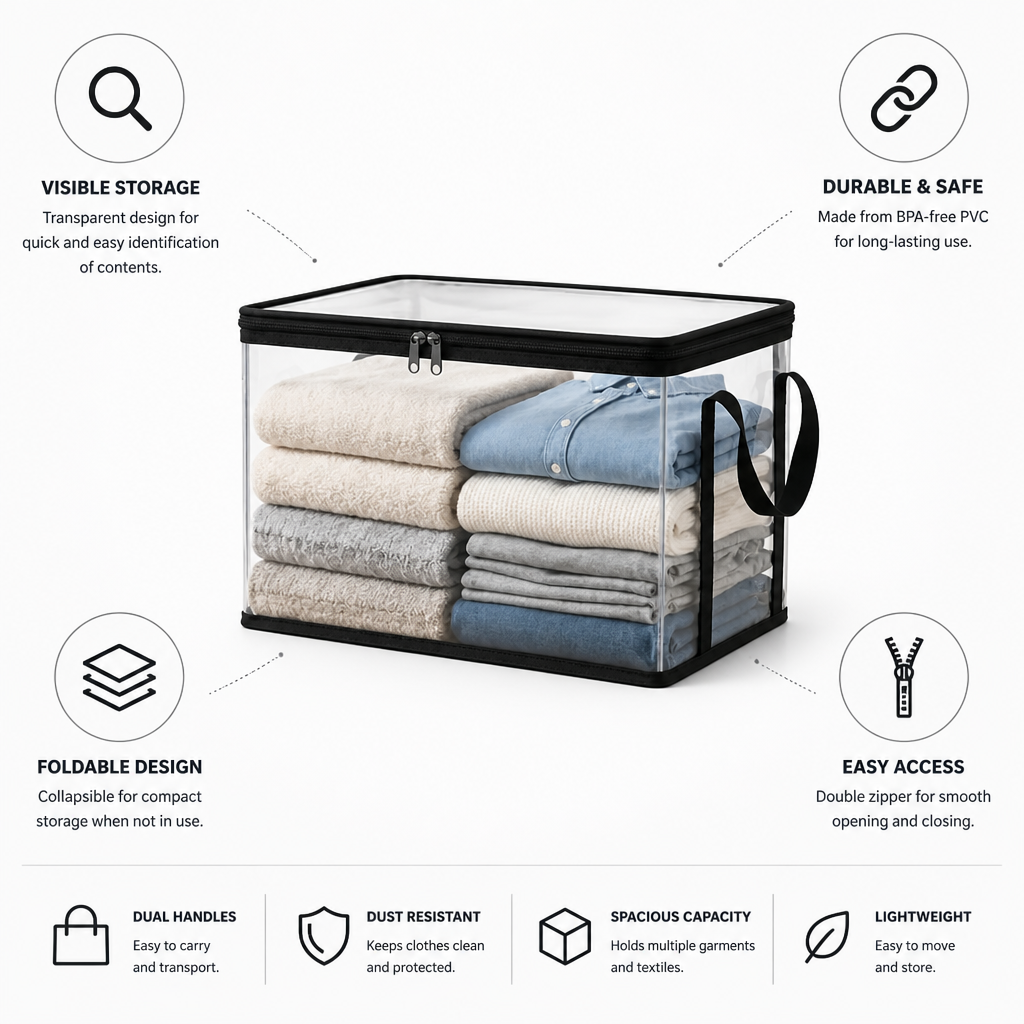 Garment Storage Box Transparent Foldable Double Zipper