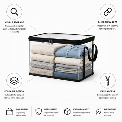 Garment Storage Box Transparent Foldable Double Zipper