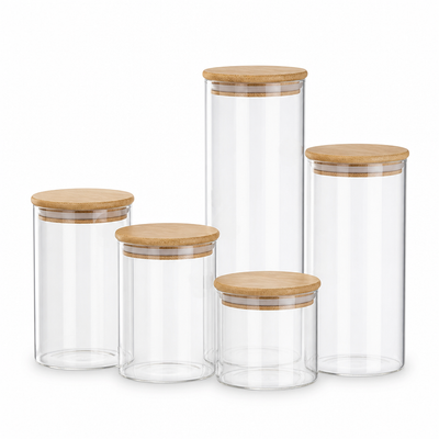 Glass Container Set Airtight Wooden Lids Set of 5
