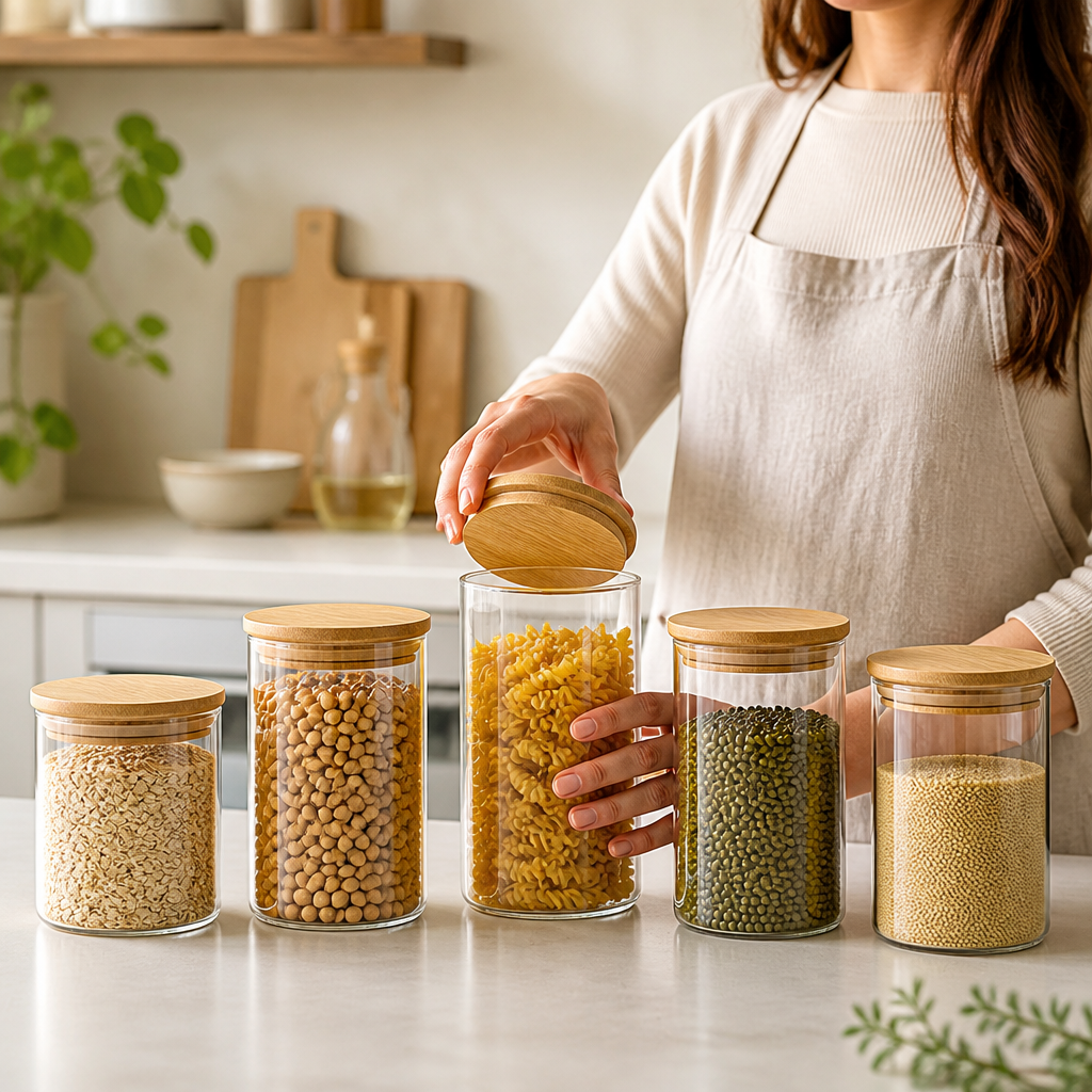 Glass Container Set Airtight Wooden Lids Set of 5