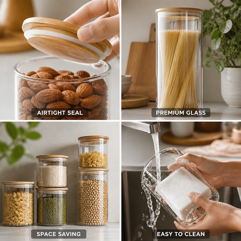 Glass Container Set Airtight Wooden Lids Set of 5