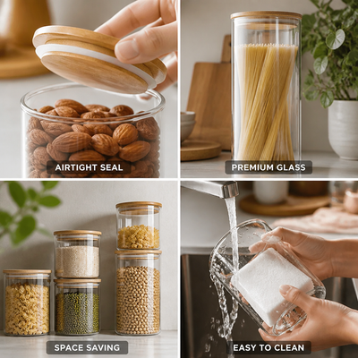 Glass Container Set Airtight Wooden Lids Set of 5