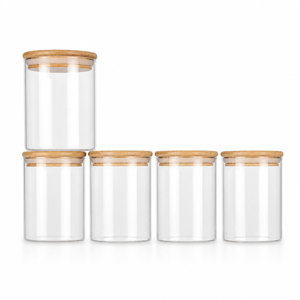 Glass Container Set Airtight Wooden Lids Set of 5