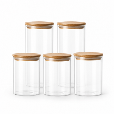 Glass Container Set Airtight Wooden Lids Set of 5