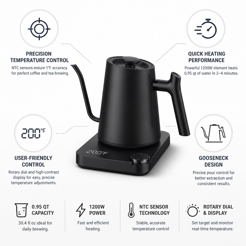 Gooseneck Kettle Precision Temperature Control 1200W