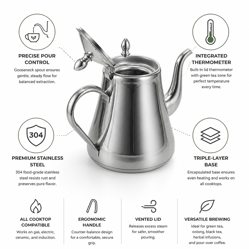 Gooseneck Kettle Stainless Steel Thermometer Lid Triple-Layer Base