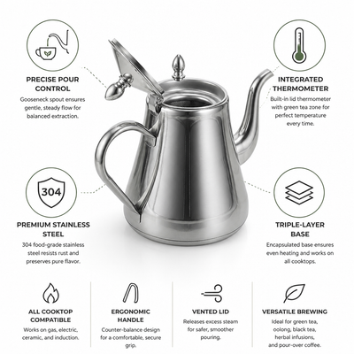 Gooseneck Kettle Stainless Steel Thermometer Lid Triple-Layer Base