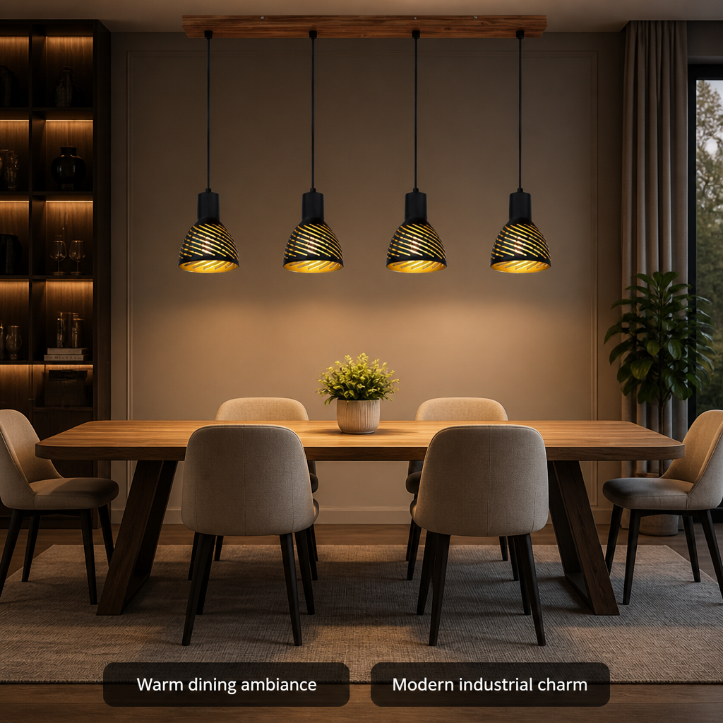 Industrial Black & Gold Four-Light Pendant Light