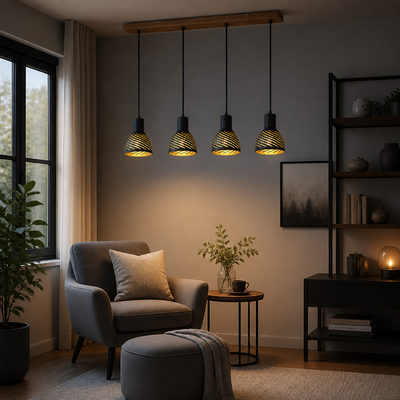 Industrial Black & Gold Four-Light Pendant Light