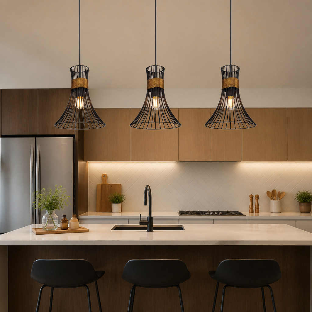 Industrial Black & Gold Mesh Shade Pendant Light